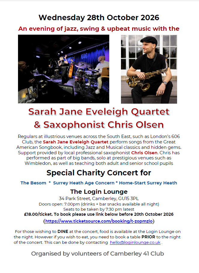 October charity concert poster for the Sarah Jane Eveleigh Quartet and Chris Olsen