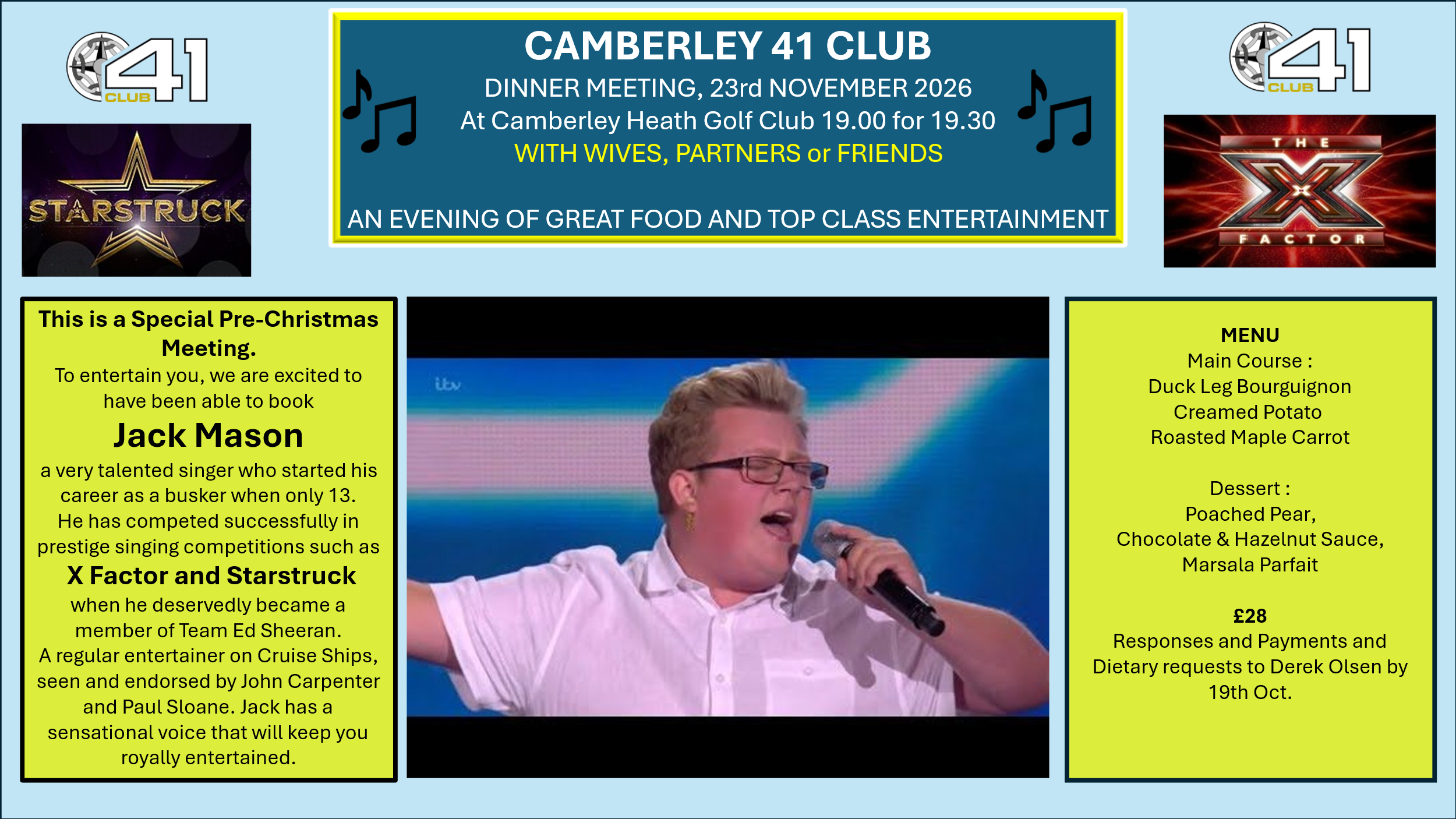 Jack Mason invitation for the 23 November dinner, with menu and booking details
